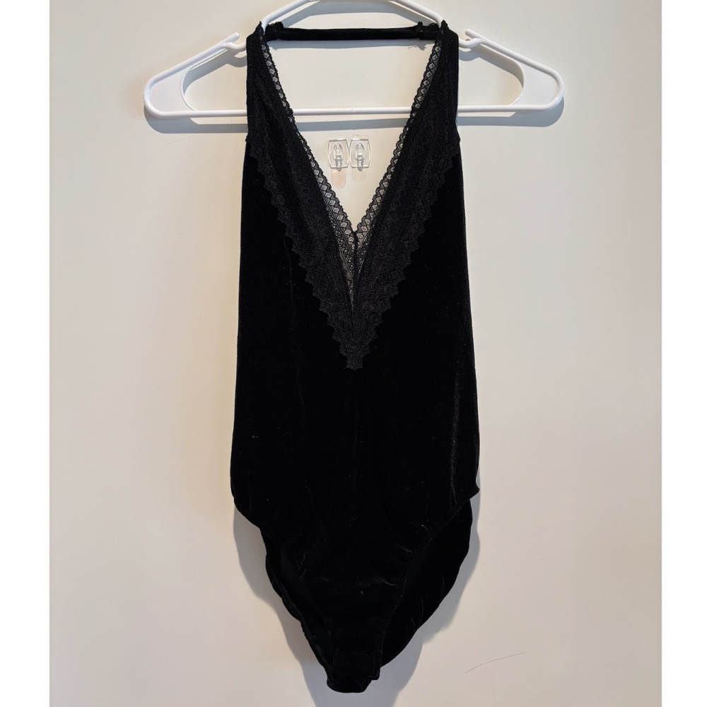 Black Velvet Lace Trim Neckline Halter Bodysuit